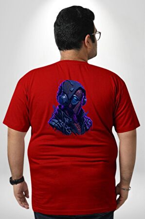 Kulaklık Müzik Kırmızı Örümcek Adam Büyük Beden Kırmızı Tişört Kadın Erkek Ünisex Sırt Baskılı