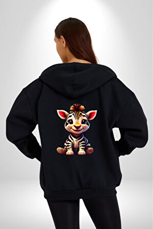 Sevimli Yavru Zebra Kadın Erkek Siyah Renk Kapüşonlu Kanguru Cepli  Fermuarlı Pamuklu Oversize Dijital Baskılı Hırka Sweatshirt
