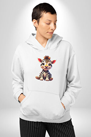 Sevimli Yavru Zebra Kadın Erkek  Beyaz Kapüşonlu Sweatshirt Hoodie