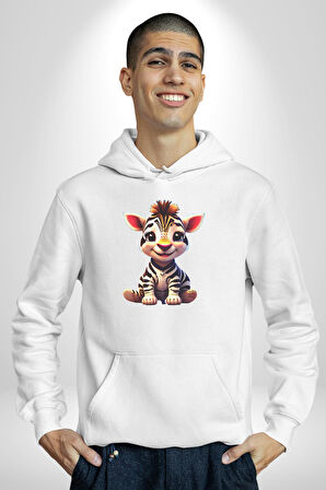 Sevimli Yavru Zebra Kadın Erkek  Beyaz Kapüşonlu Sweatshirt Hoodie