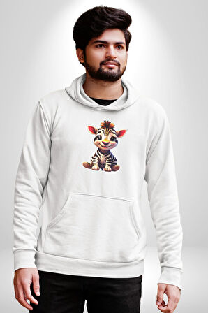 Sevimli Yavru Zebra Kadın Erkek  Beyaz Kapüşonlu Sweatshirt Hoodie