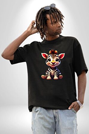 Sevimli Yavru Zebra Pamuklu Bisiklet Yaka Kadın Erkek Oversize Boyfriend Dijital Baskılı Siyah T-shirt
