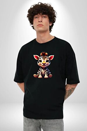 Sevimli Yavru Zebra Pamuklu Bisiklet Yaka Kadın Erkek Oversize Boyfriend Dijital Baskılı Siyah T-shirt