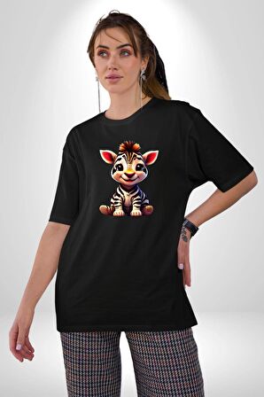 Sevimli Yavru Zebra Pamuklu Bisiklet Yaka Kadın Erkek Oversize Boyfriend Dijital Baskılı Siyah T-shirt