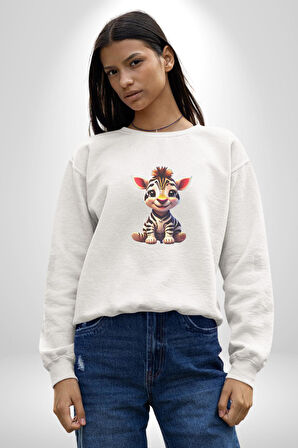 Sevimli Yavru Zebra Kadın Erkek  Beyaz Baskılı Sweatshirt 