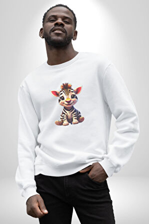 Sevimli Yavru Zebra Kadın Erkek  Beyaz Baskılı Sweatshirt 
