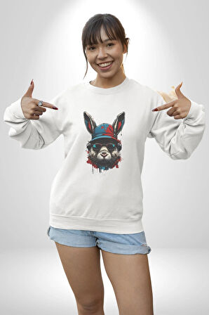 Müzik Şapka Gözlük Takan Tavşan Kadın Erkek  Beyaz Baskılı Sweatshirt 
