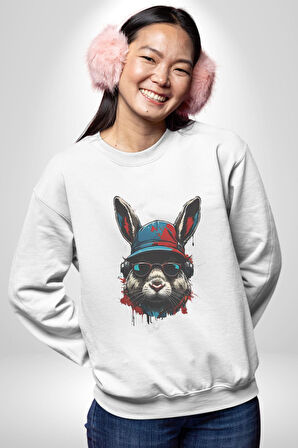 Müzik Şapka Gözlük Takan Tavşan Kadın Erkek  Beyaz Baskılı Sweatshirt 