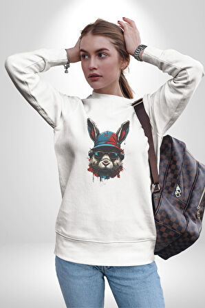 Müzik Şapka Gözlük Takan Tavşan Kadın Erkek  Beyaz Baskılı Sweatshirt 
