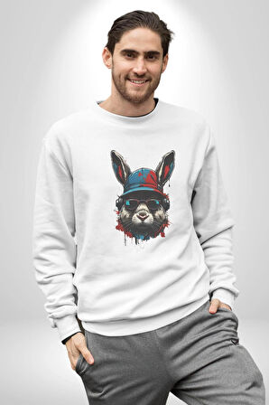 Müzik Şapka Gözlük Takan Tavşan Kadın Erkek  Beyaz Baskılı Sweatshirt 