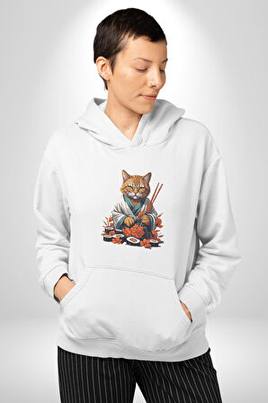 Suşi Balık Çiçek Japon Kedi  Kadın Erkek  Beyaz Kapüşonlu Sweatshirt Hoodie