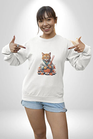 Suşi Balık Çiçek Japon Kedi  Kadın Erkek  Beyaz Baskılı Sweatshirt 