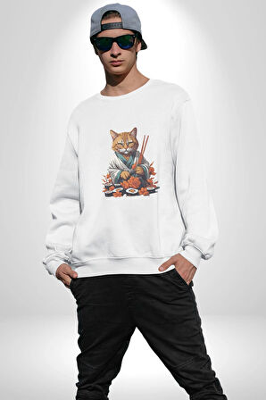 Suşi Balık Çiçek Japon Kedi  Kadın Erkek  Beyaz Baskılı Sweatshirt 