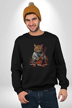 Suşi Balık Çiçek Japon Kedi  Kadın Erkek  Siyah Baskılı Sweatshirt 