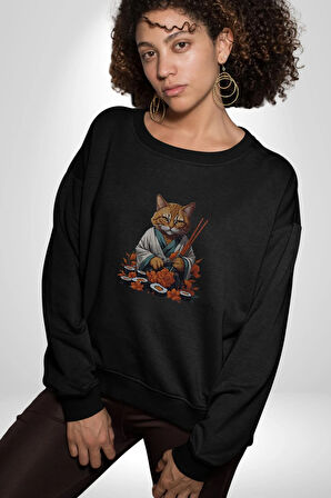 Suşi Balık Çiçek Japon Kedi  Kadın Erkek  Siyah Baskılı Sweatshirt 