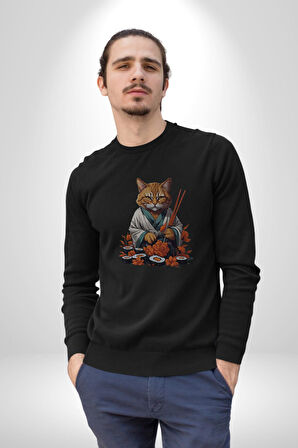 Suşi Balık Çiçek Japon Kedi  Kadın Erkek  Siyah Baskılı Sweatshirt 