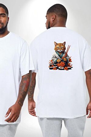 Suşi Balık Çiçek Japon Kedi  Büyük Beden Beyaz Tişört Kadın Erkek Ünisex Sırt Baskılı