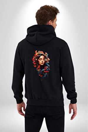 Müzik Dinleyen Kulaklık Yaprak Saçlı Renkli Kadın Erkek Siyah Renk Kapüşonlu Kanguru Cepli  Fermuarlı Pamuklu Oversize Dijital Baskılı Hırka Sweatshirt