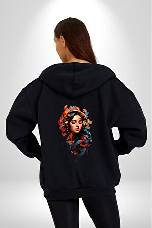 Müzik Dinleyen Kulaklık Yaprak Saçlı Renkli Kadın Erkek Siyah Renk Kapüşonlu Kanguru Cepli  Fermuarlı Pamuklu Oversize Dijital Baskılı Hırka Sweatshirt