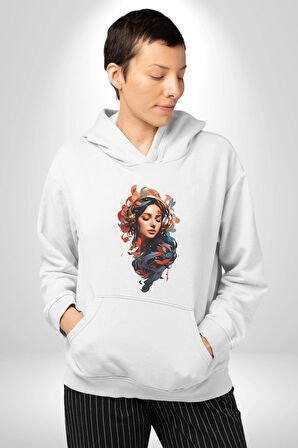 Müzik Dinleyen Kulaklık Yaprak Saçlı Renkli Kadın Erkek  Beyaz Kapüşonlu Sweatshirt Hoodie