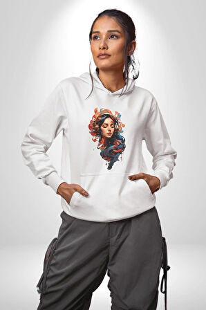 Müzik Dinleyen Kulaklık Yaprak Saçlı Renkli Kadın Erkek  Beyaz Kapüşonlu Sweatshirt Hoodie