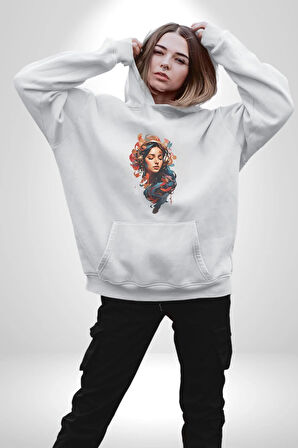 Müzik Dinleyen Kulaklık Yaprak Saçlı Renkli Kadın Erkek  Beyaz Kapüşonlu Sweatshirt Hoodie