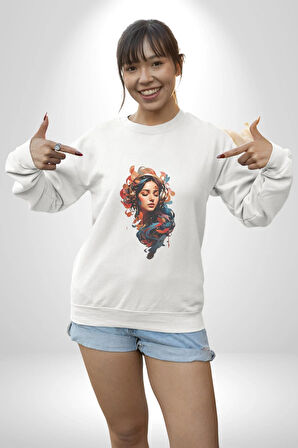 Müzik Dinleyen Kulaklık Yaprak Saçlı Renkli Kadın Erkek  Beyaz Baskılı Sweatshirt 