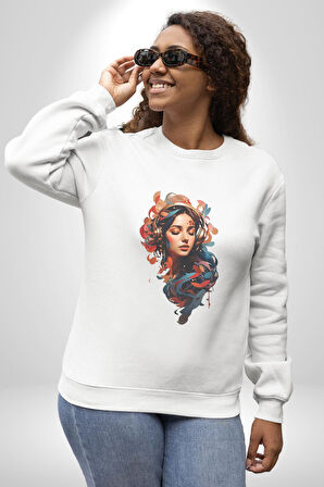Müzik Dinleyen Kulaklık Yaprak Saçlı Renkli Kadın Erkek  Beyaz Baskılı Sweatshirt 