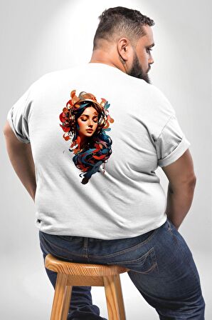 Müzik Dinleyen Kulaklık Yaprak Saçlı Renkli Büyük Beden Beyaz Tişört Kadın Erkek Ünisex Sırt Baskılı