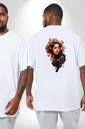 Müzik Dinleyen Kulaklık Yaprak Saçlı Renkli Büyük Beden Beyaz Tişört Kadın Erkek Ünisex Sırt Baskılı