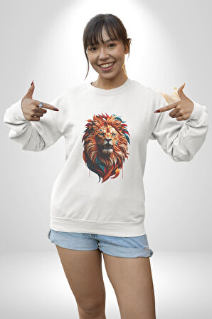 Renkli Kaplan Kükrüyor Kadın Erkek  Beyaz Baskılı Sweatshirt 
