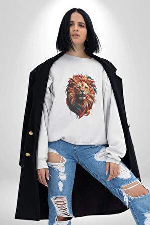 Renkli Kaplan Kükrüyor Kadın Erkek  Beyaz Baskılı Sweatshirt 