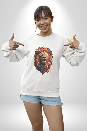 Renkli Kaplan Kükrüyor Kadın Erkek  Beyaz Baskılı Sweatshirt 