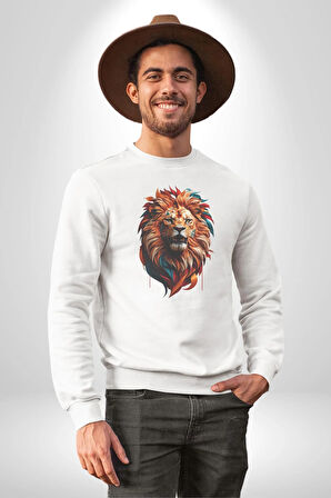 Renkli Kaplan Kükrüyor Kadın Erkek  Beyaz Baskılı Sweatshirt 