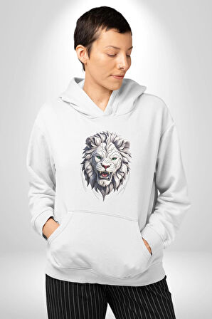 Beyaz Kaplan Kükreme  Kadın Erkek  Beyaz Kapüşonlu Sweatshirt Hoodie