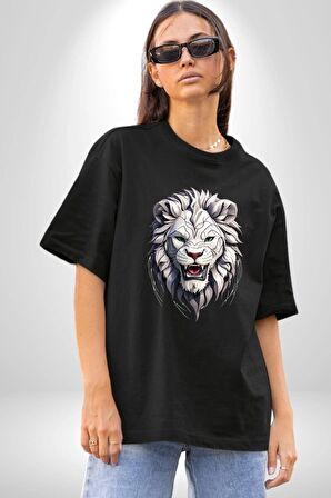Beyaz Kaplan Kükreme  Pamuklu Bisiklet Yaka Kadın Erkek Oversize Boyfriend Dijital Baskılı Siyah T-shirt