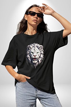 Beyaz Kaplan Kükreme  Pamuklu Bisiklet Yaka Kadın Erkek Oversize Boyfriend Dijital Baskılı Siyah T-shirt