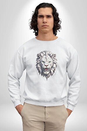 Beyaz Kaplan Kükreme  Kadın Erkek  Beyaz Baskılı Sweatshirt 