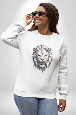 Beyaz Kaplan Kükreme  Kadın Erkek  Beyaz Baskılı Sweatshirt 
