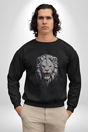 Beyaz Kaplan Kükreme  Kadın Erkek  Siyah Baskılı Sweatshirt 