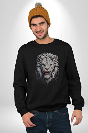 Beyaz Kaplan Kükreme  Kadın Erkek  Siyah Baskılı Sweatshirt 