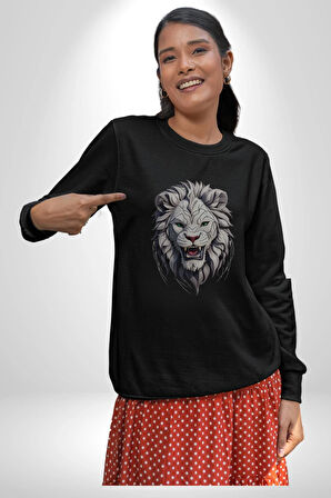 Beyaz Kaplan Kükreme  Kadın Erkek  Siyah Baskılı Sweatshirt 
