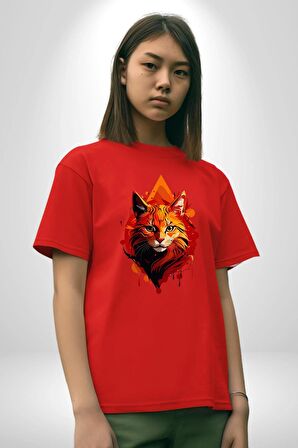 Renkli Sarı Kırmızı Kedi  Pamuklu Bisiklet Yaka Kadın Erkek Oversize Boyfriend Dijital Baskılı Kırmızı T-Shirt