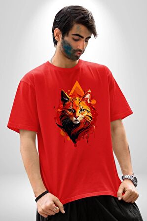 Renkli Sarı Kırmızı Kedi  Pamuklu Bisiklet Yaka Kadın Erkek Oversize Boyfriend Dijital Baskılı Kırmızı T-Shirt