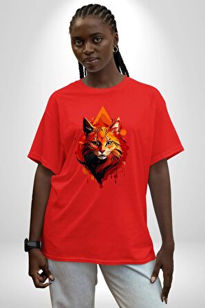 Renkli Sarı Kırmızı Kedi  Pamuklu Bisiklet Yaka Kadın Erkek Oversize Boyfriend Dijital Baskılı Kırmızı T-Shirt