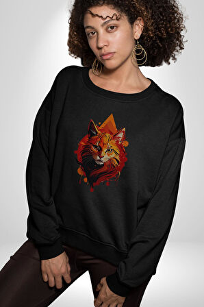 Renkli Sarı Kırmızı Kedi  Kadın Erkek  Siyah Baskılı Sweatshirt 