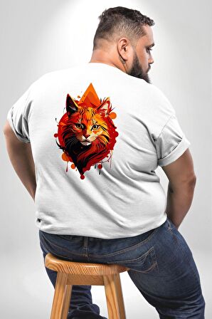 Renkli Sarı Beyaz Kedi  Büyük Beden Beyaz Tişört Kadın Erkek Ünisex Sırt Baskılı