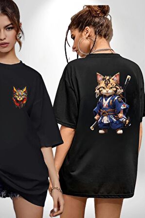 Japon Samuray Kılınç  Siyah Oversize Kadın Erkek Ön ve Sırt Baskılı Tişört