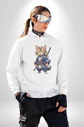 Japon Samuray Kılınç  Kadın Erkek  Beyaz Baskılı Sweatshirt 