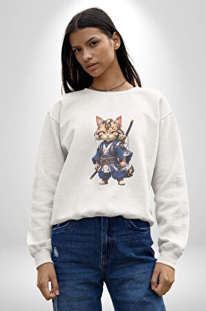 Japon Samuray Kılınç  Kadın Erkek  Beyaz Baskılı Sweatshirt 